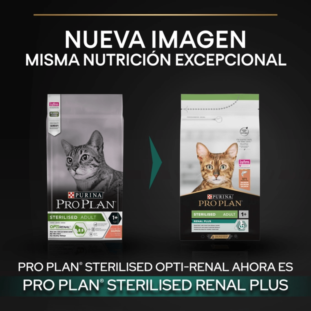 PURINA® PRO PLAN® STERILISED Adult 1+ RENAL PLUS es un alimento completo para gatos adultos esterilizados, rico en salmón, que favorece una función renal saludable.