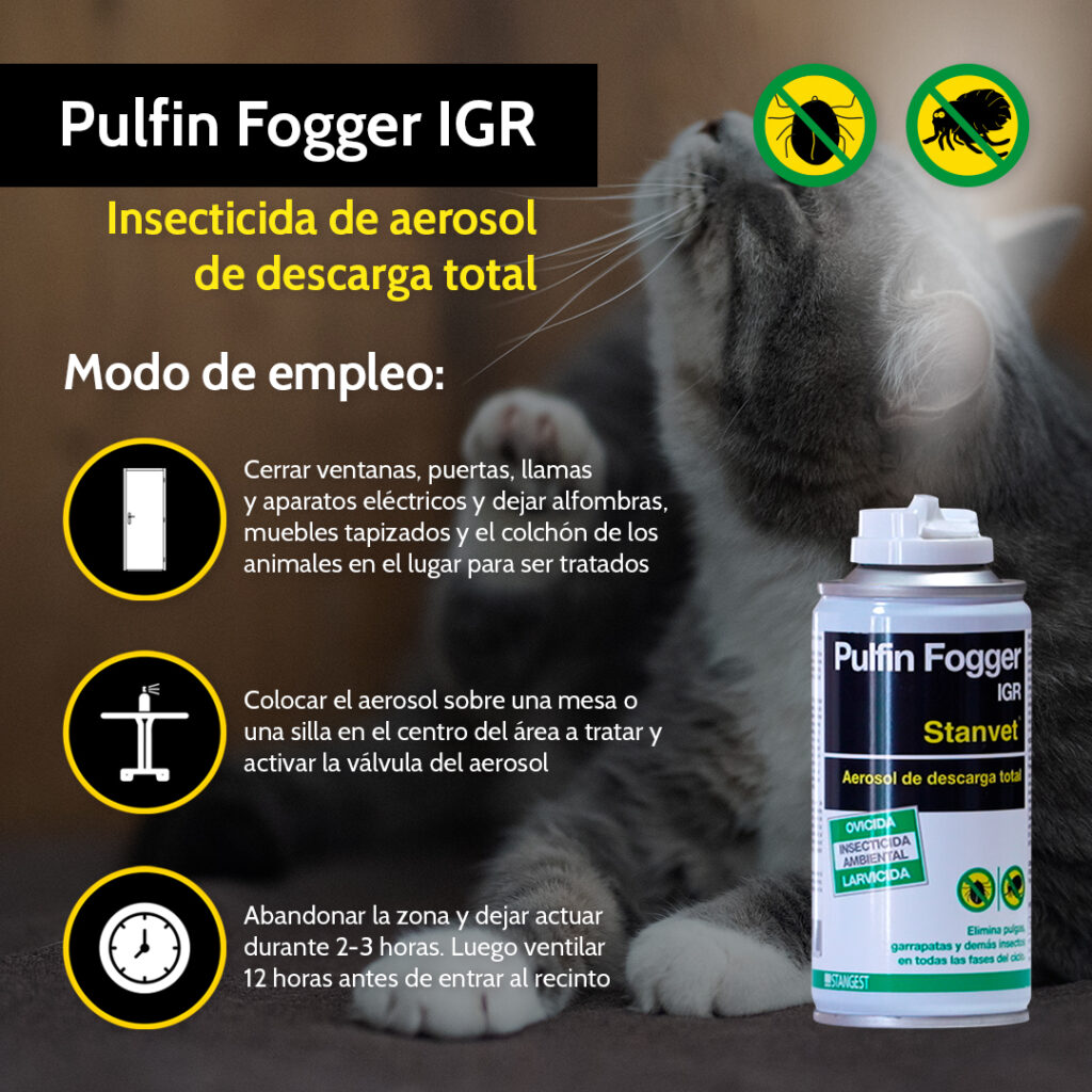 Pulfin Fogger IGR es un aerosol de descarga total con acción insecticida, larvicida y ovicida para controlar pulgas, garrapatas, piojos y otros insectos rastreros. Aprende aquí cómo usarlo correctamente.