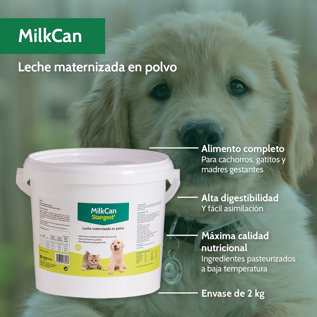 Leche maternizada en forma de polvo soluble que proporciona los nutrientes necesarios para el correcto desarrollo de los cachorros y los gatitos.