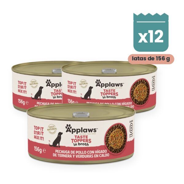 Applaws Taste Toppers pollo con hígado de ternera y verduras en caldo para perros lata 156 g pack 12
