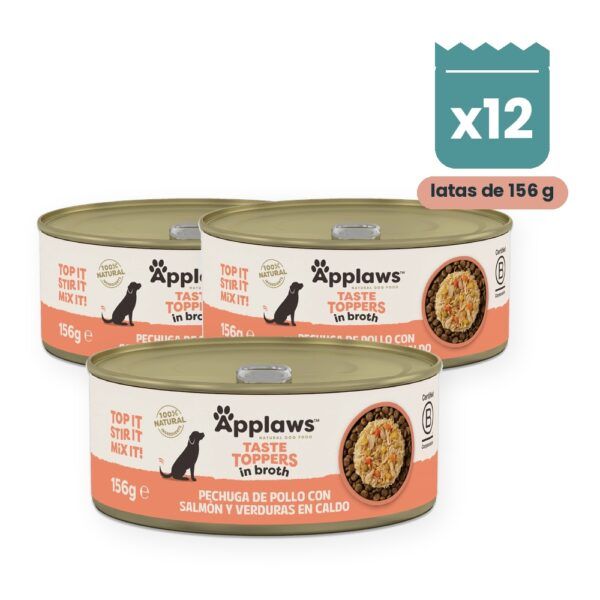 Applaws Taste Toppers pollo con salmón y verduras en caldo para perros lata 156 g pack 12