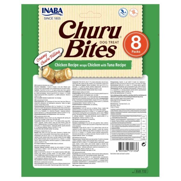 Reverso del envase de Churu Bites pollo con atún con composición y análisis