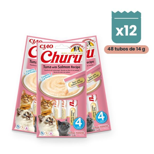 Churu Puré Atún Con Salmón Snack Cremoso Para Gatos Pack 12x4 Tubos