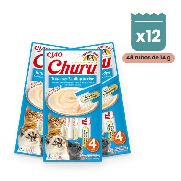 Churu Puré Atún Con Vieira Snack Cremoso Para Gatos Pack 12x4 Tubos
