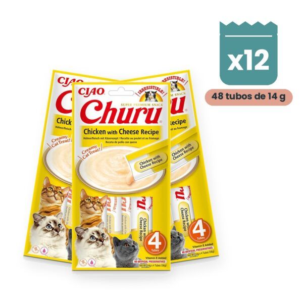 Churu Puré Pollo Con Queso Snack Cremoso Para Gatos Pack 12x4 Tubos