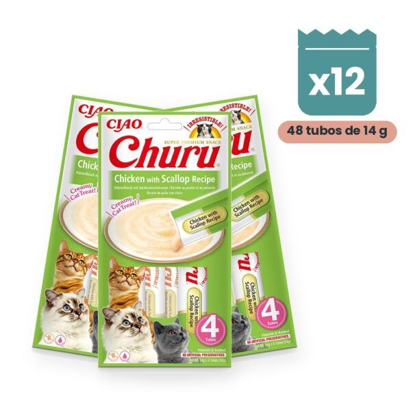 Churu Puré Pollo Con Vieira Snack Cremoso Para Gatos Pack 12x4 Tubos