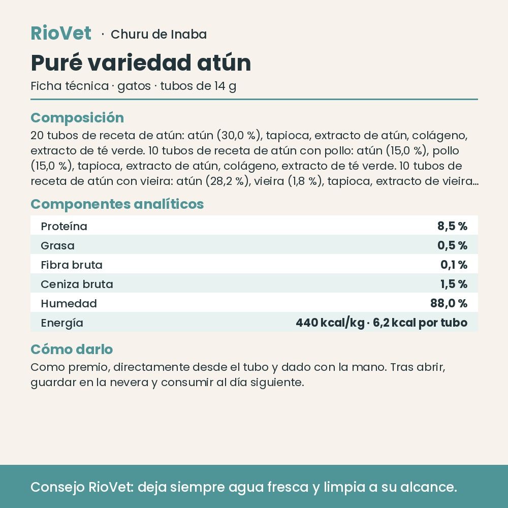 Ficha técnica de Churu Puré variedad atún con composición y análisis