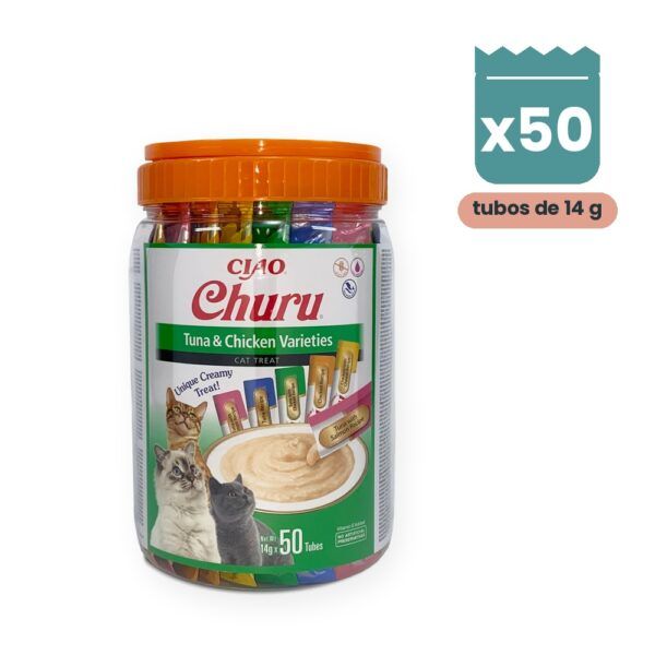 Churu Puré Variedad Atún Y Pollo Snack Cremoso Para Gatos Bote 50 Tubos