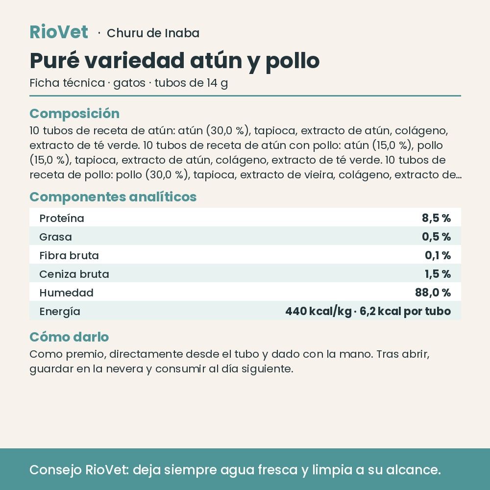 Ficha técnica de Churu Puré variedad atún y pollo con composición y análisis
