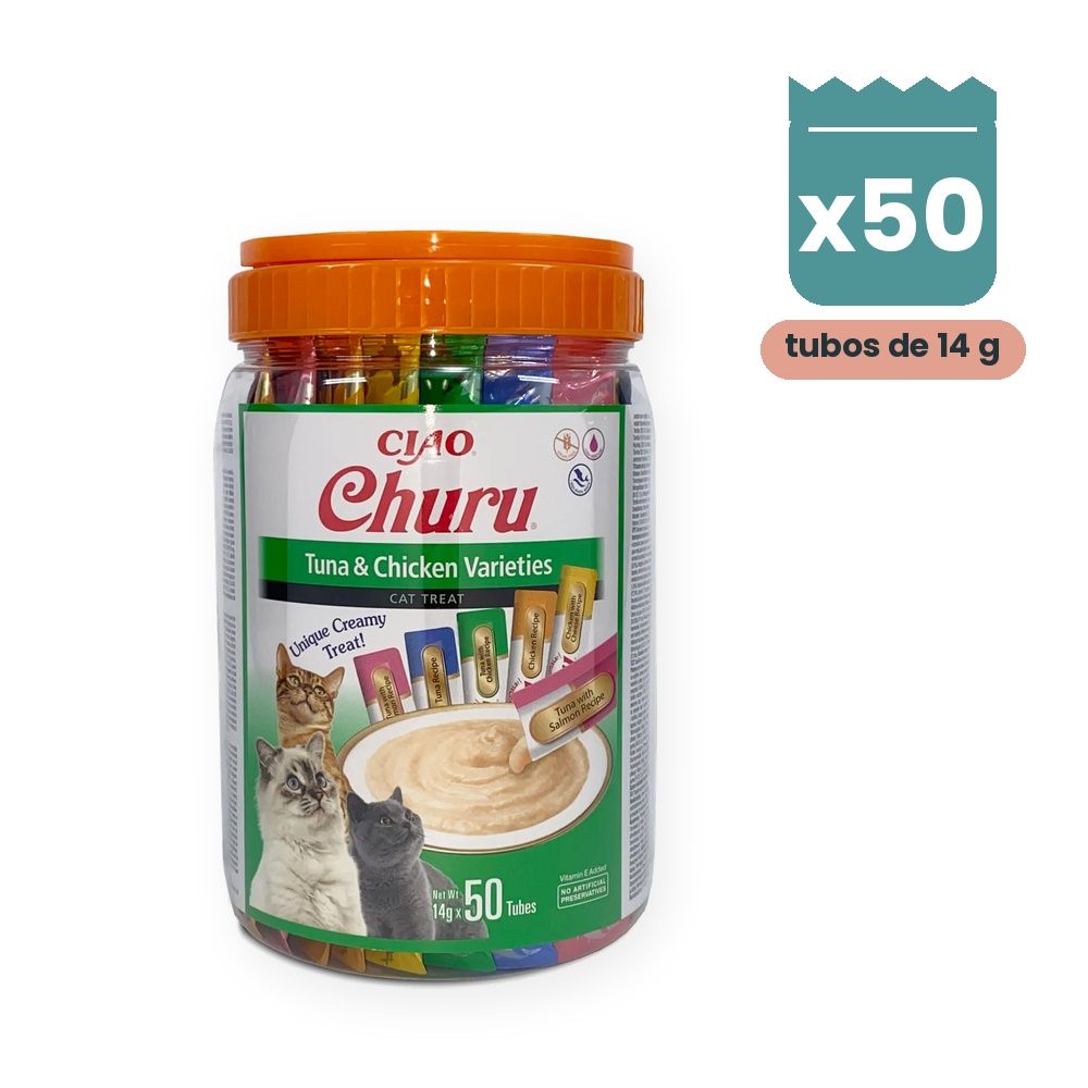Churu Puré Variedad Atún Y Pollo Snack Cremoso Para Gatos Bote 50 Tubos