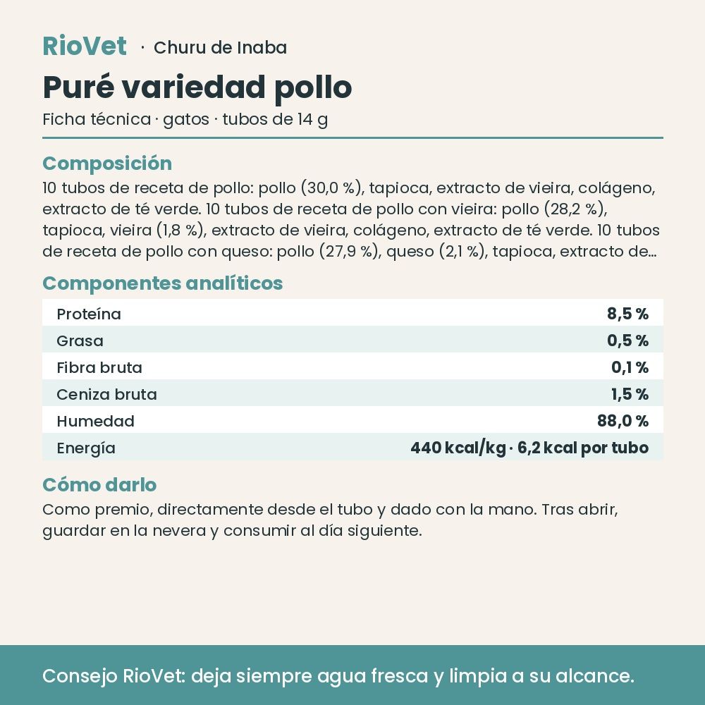 Ficha técnica de Churu Puré variedad pollo con composición y análisis