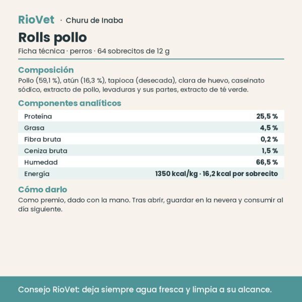 Ficha técnica de Churu Rolls pollo con composición y análisis