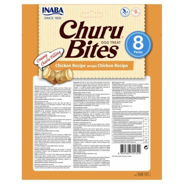 Reverso del envase de Churu Bites pollo con composición y análisis
