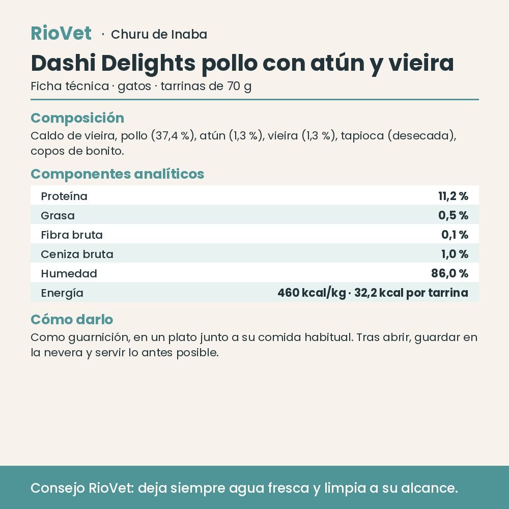 Ficha técnica de Churu Dashi Delights pollo con atún y vieira con composición y análisis