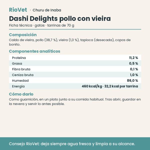 Ficha técnica de Churu Dashi Delights pollo con vieira con composición y análisis