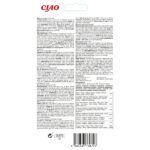 Reverso del envase de Churu Skin & Coat pollo con composición y análisis