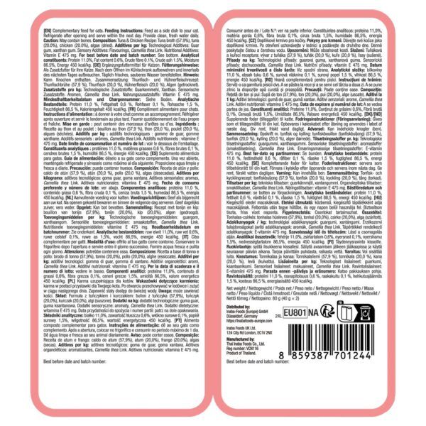 Reverso del envase de Churu Twin Packs atún con pollo con composición y análisis