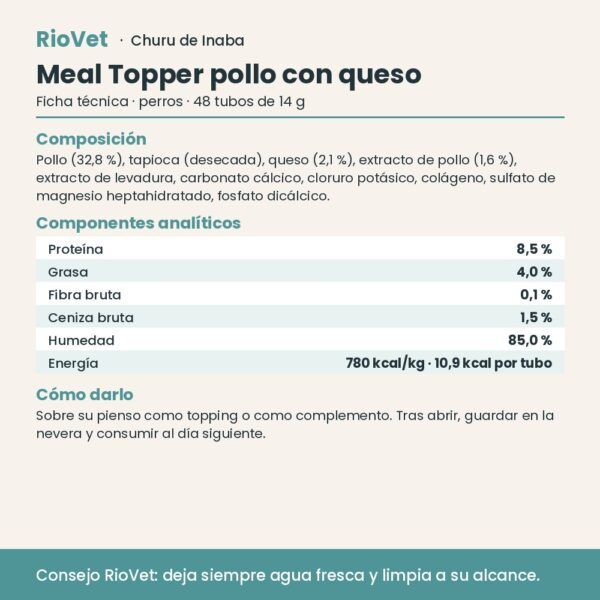 Ficha técnica de Churu Meal Topper pollo con queso con composición y análisis