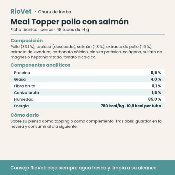 Ficha técnica de Churu Meal Topper pollo con salmón con composición y análisis