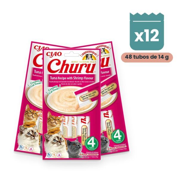 Churu Puré Atún Con Sabor Gamba Snack Cremoso Para Gatos Pack 12x4 Tubos