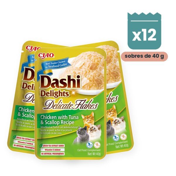 Churu Dashi Delights Flakes Pollo Con Atún Y Vieira Para Gatos Pack 12x40 g