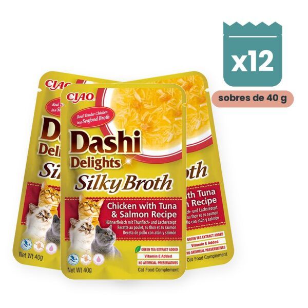 Churu Dashi Delights Silky Broth Pollo Con Atún Y Salmón Para Gatos 12x40 g