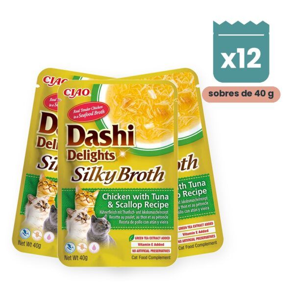 Churu Dashi Delights Silky Broth Pollo Con Atún Y Vieira Para Gatos 12x40 g