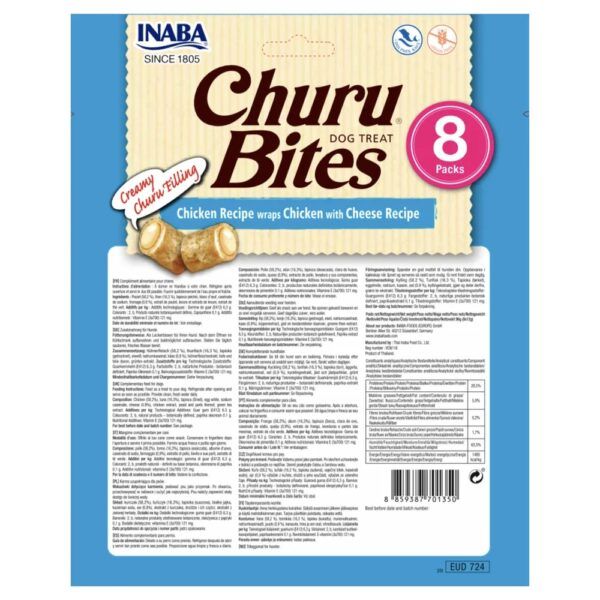 Reverso del envase de Churu Bites pollo con queso con composición y análisis