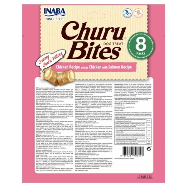 Reverso del envase de Churu Bites pollo con salmón con composición y análisis