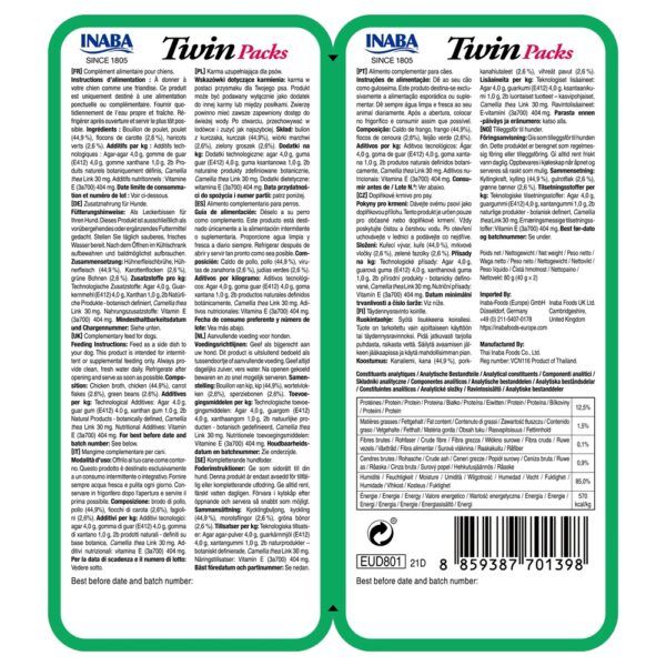 Reverso del envase de Churu Twin Packs pollo con verduras con composición y análisis