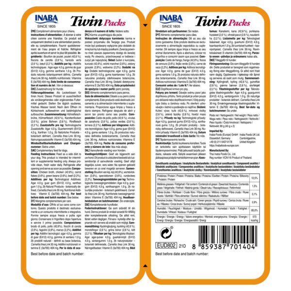 Reverso del envase de Churu Twin Packs pollo con verduras y ternera con composición y análisis