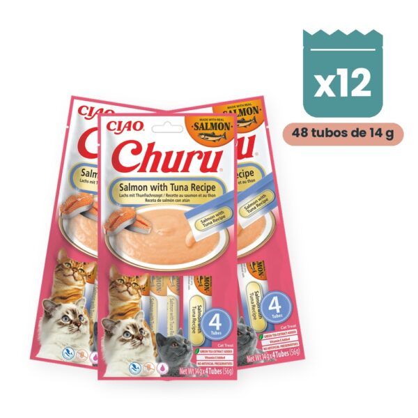 Churu Puré Salmón Con Atún Snack Cremoso Para Gatos Pack 12x4 Tubos