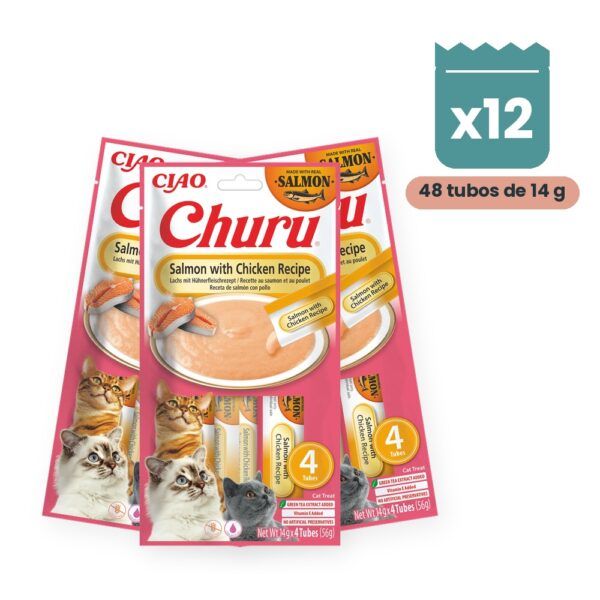 Churu Puré Salmón Con Pollo Snack Cremoso Para Gatos Pack 12x4 Tubos