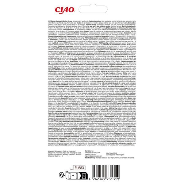Reverso del envase de Churu Puré salmón con vieira con composición y análisis