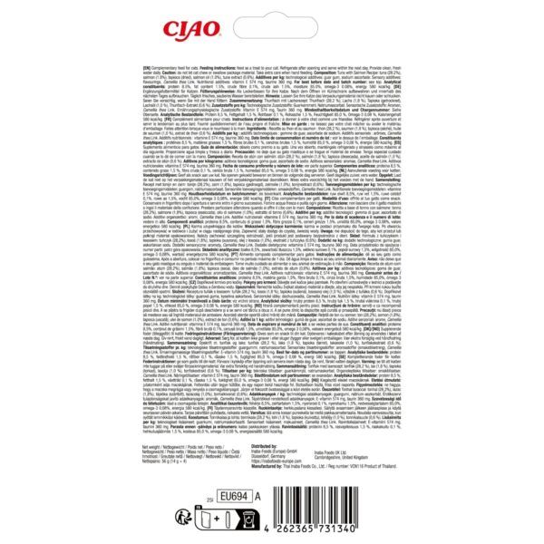 Reverso del envase de Churu Senior 10+ atún con salmón con composición y análisis