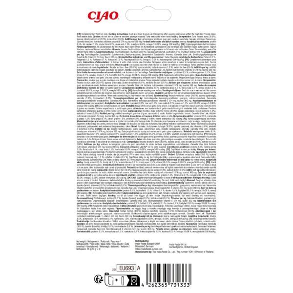 Reverso del envase de Churu Senior 10+ atún con composición y análisis