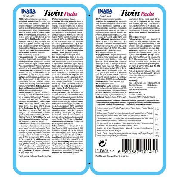 Reverso del envase de Churu Twin Packs pollo con verduras y queso con composición y análisis