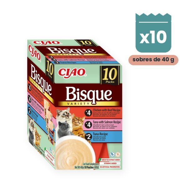 Churu Bisque Variedad Pollo Con Ternera Y Atún Con Salmón Para Gatos 10x40 g