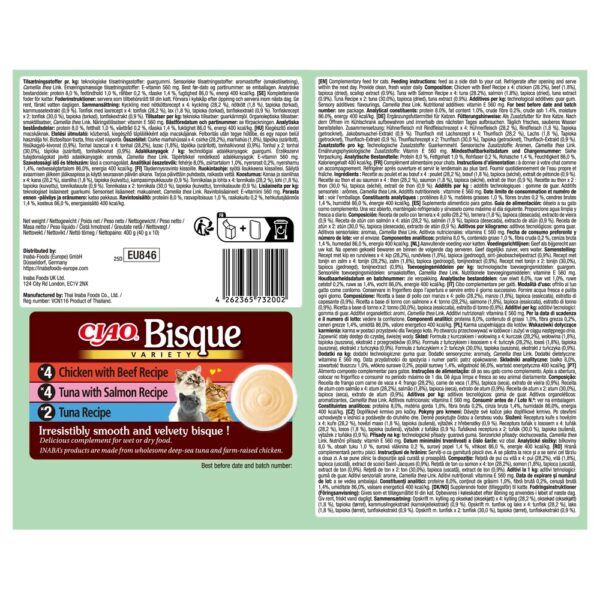 Reverso del envase de Churu Bisque variedad pollo con ternera y atún con salmón con composición y análisis