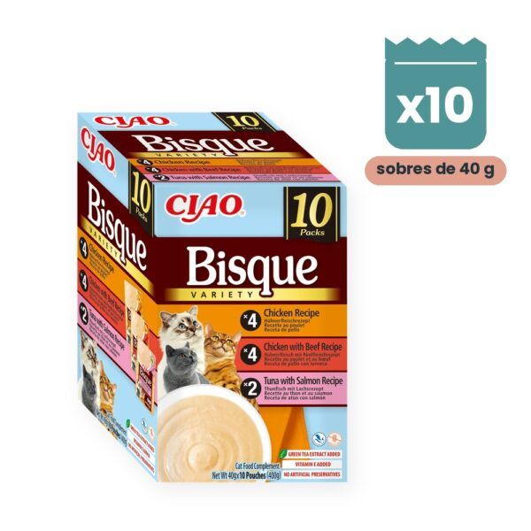 Churu Bisque Variedad Pollo, Ternera, Atún Y Salmón Para Gatos 10x40 g