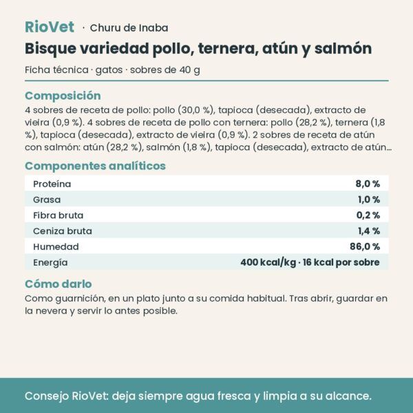 Ficha técnica de Churu Bisque variedad pollo, ternera, atún y salmón con composición y análisis