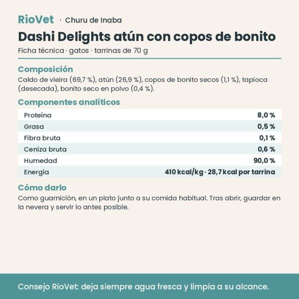 Ficha técnica de Churu Dashi Delights atún con copos de bonito con composición y análisis