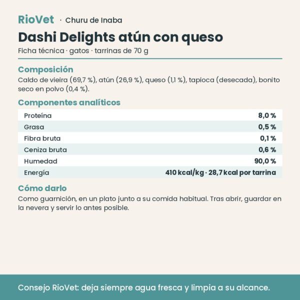Ficha técnica de Churu Dashi Delights atún con queso con composición y análisis
