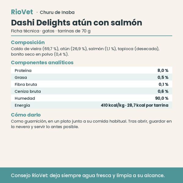 Ficha técnica de Churu Dashi Delights atún con salmón con composición y análisis