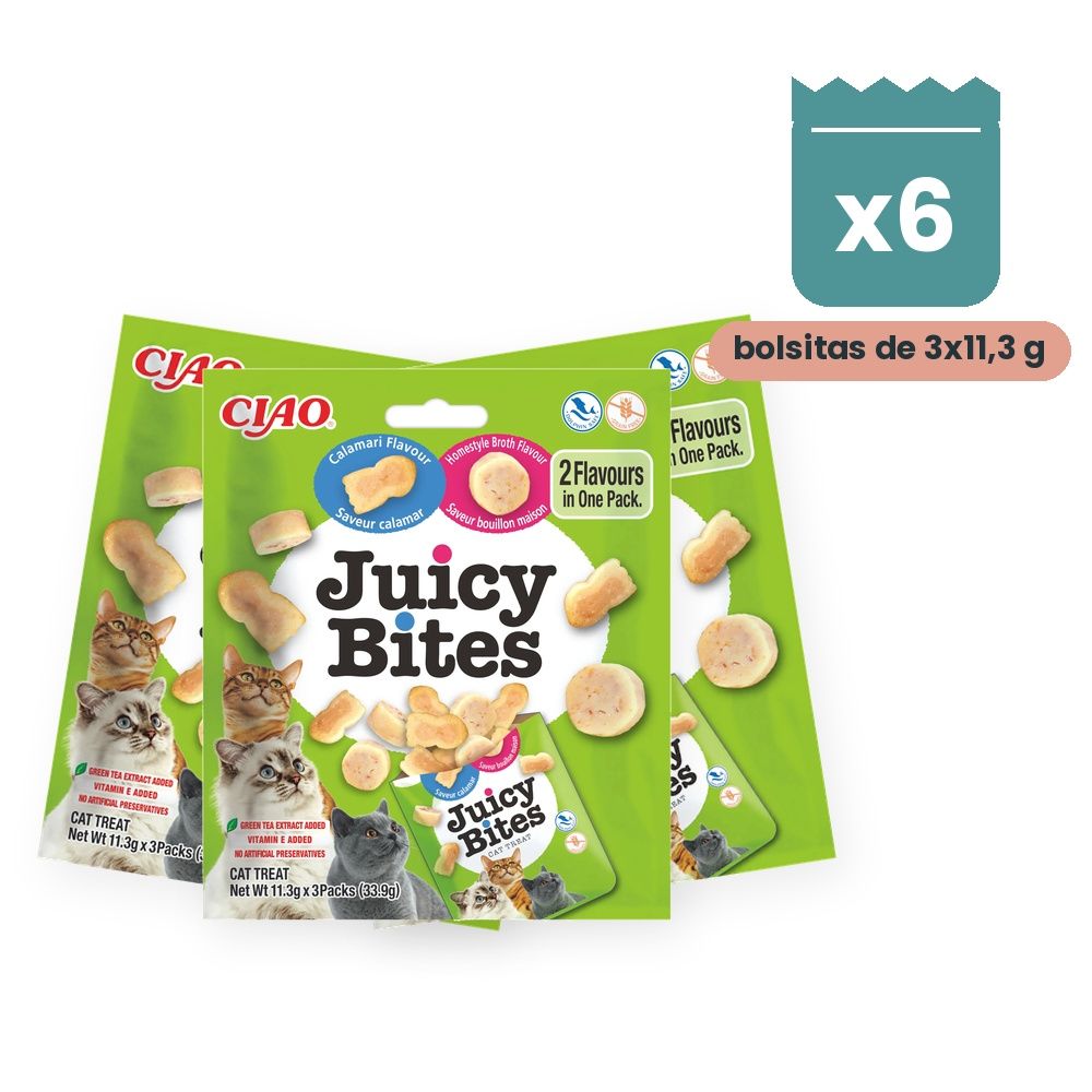 Churu Juicy Bites Sabor Caldo Casero Y Calamar Para Gatos Pack 6 Bolsitas Churu Juicy Bites Sabor Caldo Casero Y Calamar Para Gatos Pack 6 Bolsitas