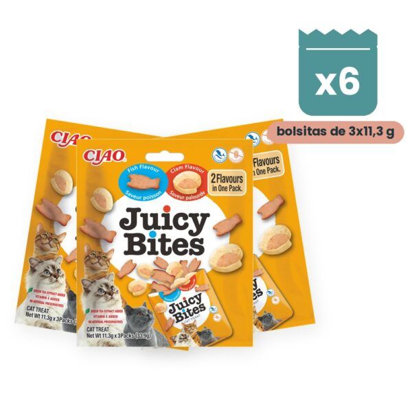 Churu Juicy Bites Sabor Pescado Y Almeja Para Gatos Pack 6 Bolsitas