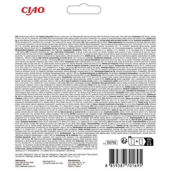 Reverso del envase de Churu Juicy Bites sabor pescado y almeja con composición y análisis