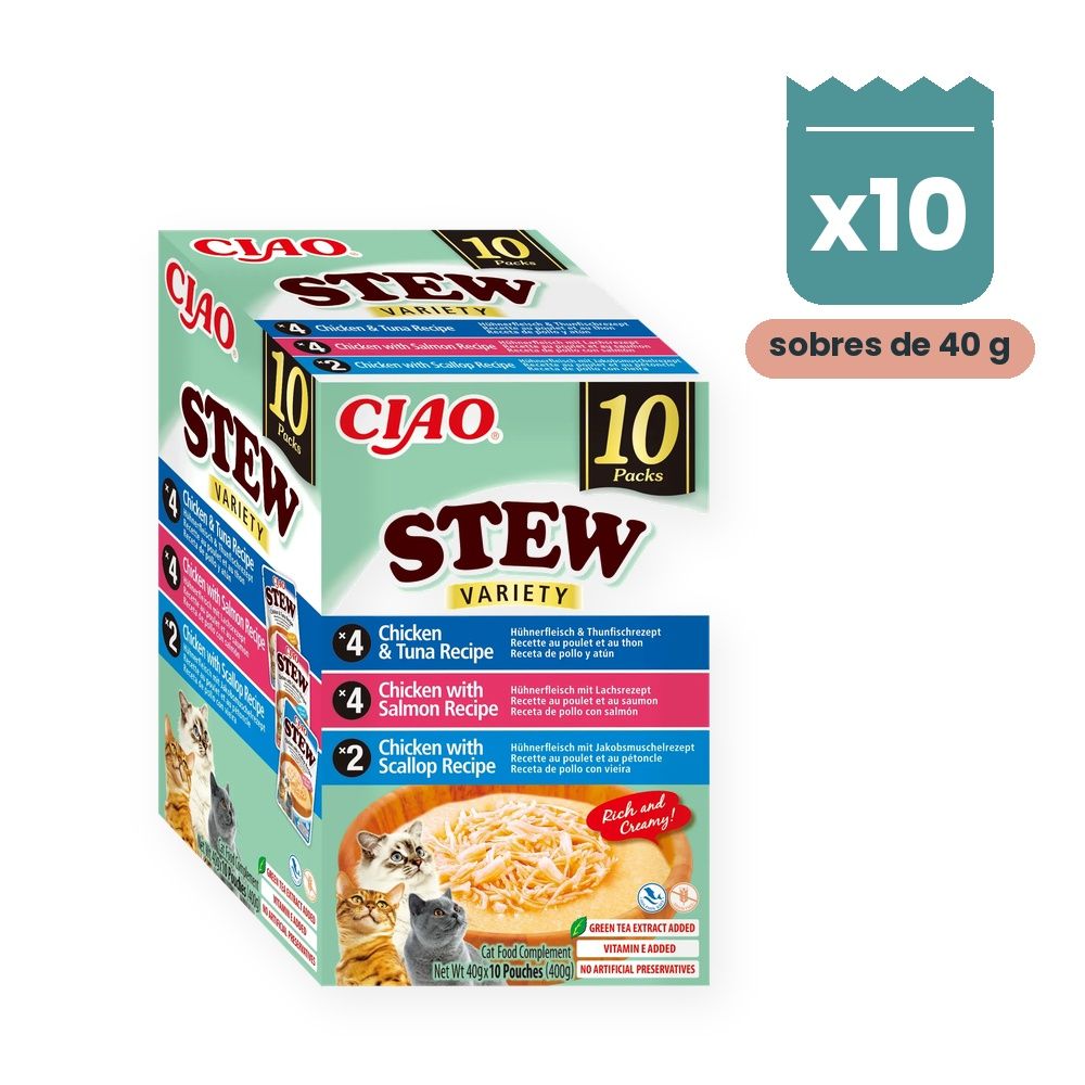 Churu Stew Variedad Pollo Con Atún, Salmón Y Vieira Para Gatos 10x40 g Churu Stew Variedad Pollo Con Atún, Salmón Y Vieira Para Gatos 10x40 g