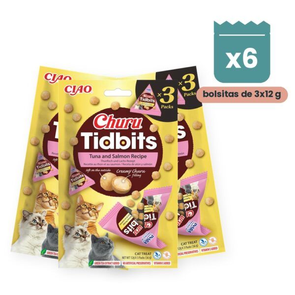 Churu Tidbits Atún Con Salmón Bocaditos Rellenos Para Gatos Pack 6 Bolsitas