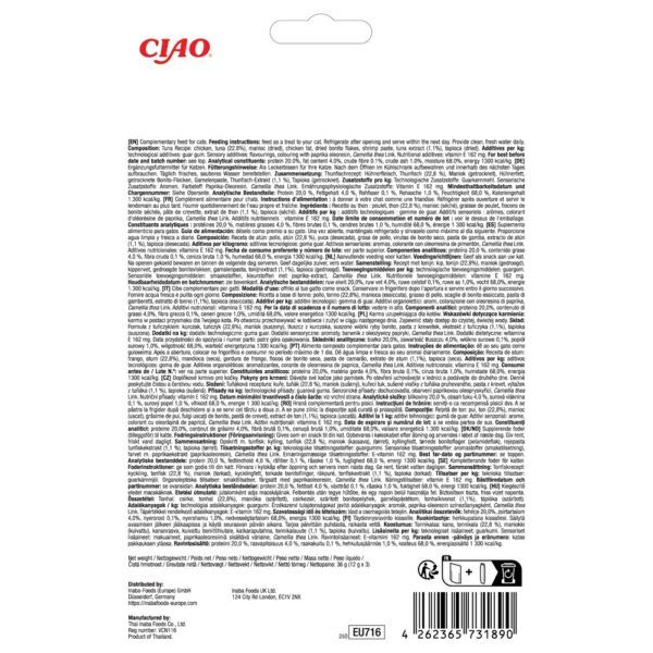 Reverso del envase de Churu Tidbits atún con composición y análisis